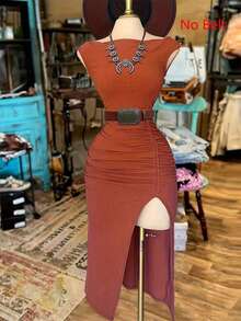 Vestido midi de punto acanalado ajustado para mujer, sin mangas, cuello redondo, con abertura plisada hasta la rodilla, tela de alta elasticidad, adecuado para uso casual y de fiesta - Marrón Mocha - Ver 2