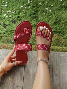 Fashionable Printed Flat Sandals, Artistic Print Geometric Pattern Outdoor Summer Sandals - Red - View 5