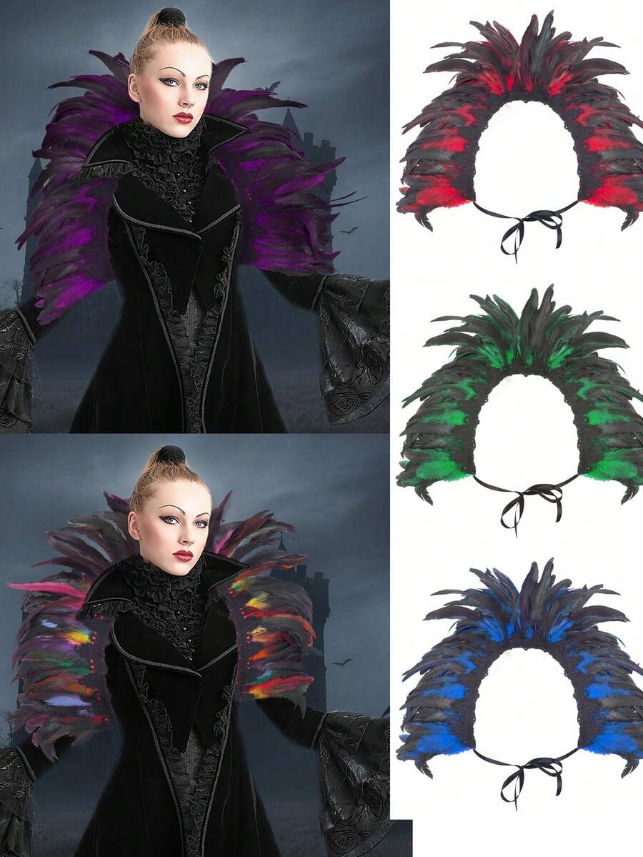 Poncho de plumas artificiales estilo victoriano, capa, esclavina, envolvente con cuello de encaje, disfraz de bruja para hombros y chal para Halloween - Multicolor - Ver 1