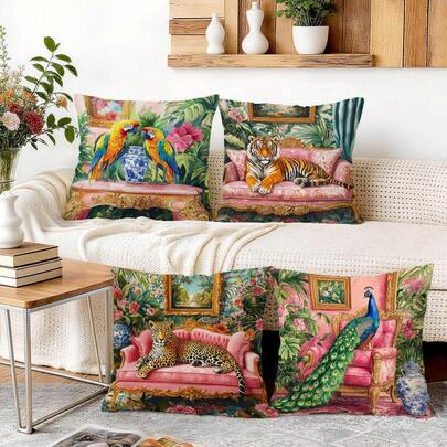4pcs Tropical Plant & Animal Themed Cushion Cover Set, Single-Sided Printed Pillow Sham/Covers, Suitable For Living Room Sofa Bedroom Decor, Pillow Insert Not Included, 40x40cm/45x45cm/50x50cm