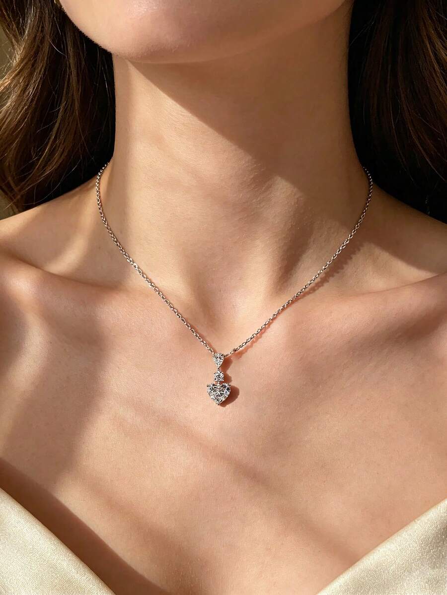 Shescity 1 chiếc vòng cổ nữ bằng đồng đính đá Zirconia hình trái tim và giọt nước, kiểu dáng tối giản tinh tế, độc đáo và thanh lịch. - Bạc - Xem 1