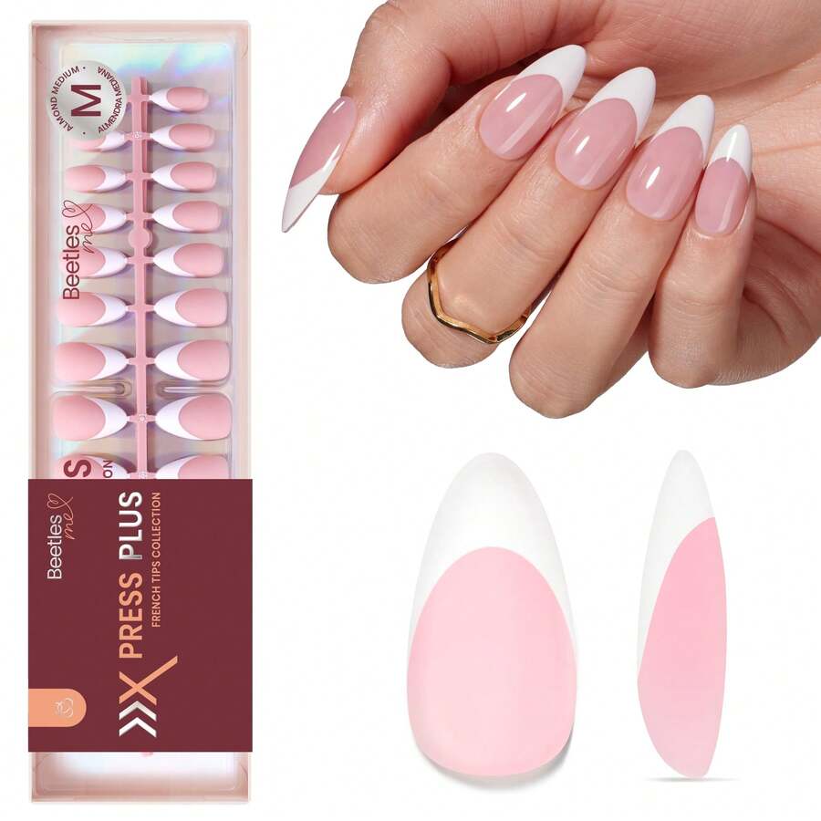Beetles 210 Pcs Soft Gel French Tips Press On Nails - Pink French Tip Nails Medium Almond Fake Nail Tips, False Nails Art DIY Gift For Women - 210Pcs Medium Amlond - 查看 1