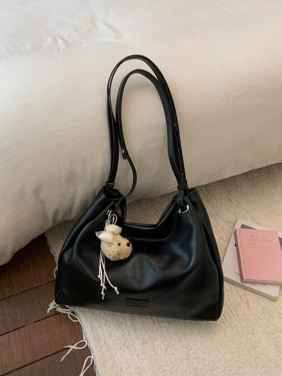 1 pieza Bolso de mano de unicolor de PU con dije desmontable de oso, bolso de hombro de gran capacidad, adecuado para trabajador de oficina/estudiante para uso diario - Negro - Ver 1