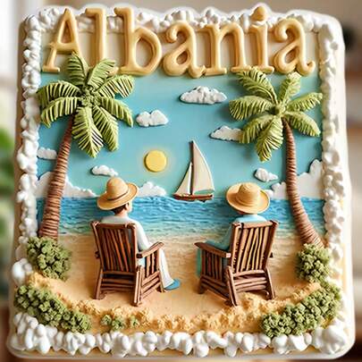 Mediterranean Escape Souvenir – Turquoise Sea, Straw Hat Couple, Wooden Loungers & "Albania" Lettering – Summer Vibes