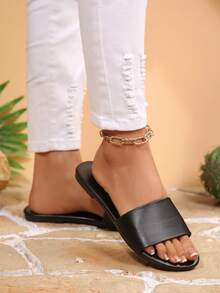 Solid Color Casual Slippers, New Summer Beach Sandals - Black - View 6