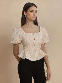 1 chiếc áo kiểu tay ngắn Amyenjoylife Modern Filipiniana Peplum cài nút bèo nhún, thích hợp mặc đi làm, đi nghỉ mát, hẹn hò, mùa hè, màu Champagne - Rượu sâm banh - Xem 5