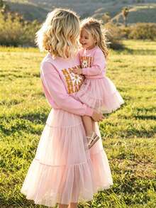 Mommy And Me Matching Outfits Christmas/Halloween Matching Sweatshirts Mama/Mini Letter And Bowknot Embroidery Long Sleeve Crewneck Pullover Shirt Blouse Top Mom And Daughter Matching Holiday Party Clothes - 西瓜粉 - 查看 4