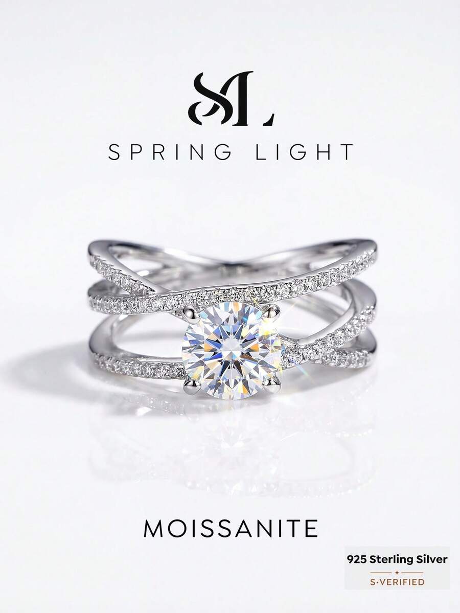 Nhẫn Moissanite "Ba kiếp ba thế giới" 1.0 Carat: Món quà thanh lịch và tinh tế bằng bạc Sterling S925 dành cho lễ đính hôn, đám cưới, bạn thân, sinh nhật, kỷ niệm; Trang sức cưới cô dâu - Nhẫn Moissanite-1ct - Xem 1