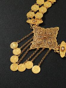 1pc Gold Zinc Alloy Rhinestone Inlaid Bridal Waist Chain, Decorated With Gold Carved Coin Tassel Jewelry, Suitable For Wedding Banquet And Formal Occasions, Showcasing A Romantic Bridal Style - Diamond Alloy Pendant Belt Style - View 5