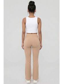 Women's Solid Color Rib Knit High Waisted Flare Pants For All Season Casual Basic Pants - Khaki - View 3