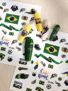 Tiebeauty Bộ 2 miếng dán móng tay chủ đề World Cup bóng đá, phối màu vàng và xanh lá cây tương phản với các yếu tố quốc kỳ, chống thấm nước, bền lâu, phụ kiện làm móng DIY có thể tháo rời. - Nhiều màu - Xem 6