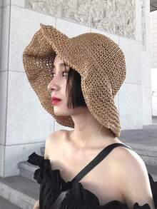 1 chiếc mũ rơm đi biển thường ngày dành cho nữ, vành rộng, kiểu dáng xô che nắng, phù hợp cho sinh hoạt hàng ngày, kỳ nghỉ, đi biển, phong cách Bohemian. - Nhiều màu - Xem 3