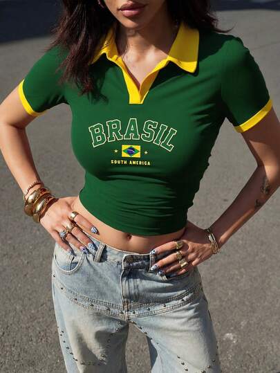 Áo thun thể thao dệt kim nữ, chất liệu jersey Brazil, áo polo in họa tiết phối màu dành cho thể thao ngoài trời, trang phục thường ngày, phù hợp cho các trận bóng đá ngoài trời, thể thao ngoài trời, chạy bộ, tập luyện, tay dài, cổ chữ V, ôm sát.