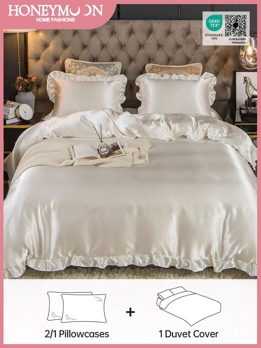 2/3pcs Luxury Satin White Ruffle Duvet Cover Set, Ruffle Tassel Duvet Cover Set, Solid Retro Luxury Farmhouse Style Bedding Set, 3pcs Boho Ruffle Tie Duvet Cover Set (Comforter Not Included). Perfectly Fits Twin, Full, Queen, King Size Beds. Suitable For Home Bedding, Dorm Supplies And Christmas Decor. - White - View 1