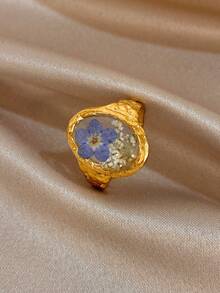 18K镀金波西米亚风椭圆形白蓝真干花戒指，珠宝戒指套装，女士夏季波西米亚海滩风珠宝，度假季，送给妈妈的礼物，适合日常、派对、约会、盛大晚宴、婚礼、情人节、周年纪念日、音乐节、圣诞节、复活节等场合。 - 彩色 - 查看 8