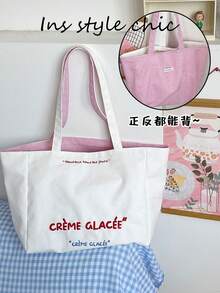 新款时尚经典小丑撞色条纹设计大容量轻便手提包，字母图案装饰设计，双面可用，单肩手提包，适合旅行和购物 - 粉色 - 查看 8
