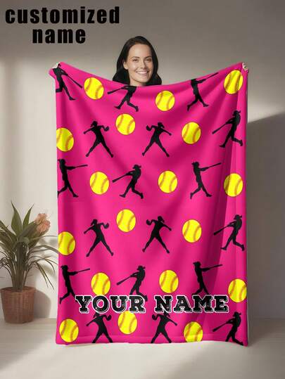 Customized Baseball Flannel Blanket With Repeated Yellow Softball Patterns And Black Baseball Batter Silhouettes, Sporty And Unique Personal Item - Personalized Soft Warm Digital Printing, Tear-Resistant, Machine Washable, Hypoallergenic, All-Season Multi-Purpose Blanket For Sofa, Bed, Travel, Camping, Living Room, Office