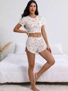 2pcs/Set Women's Printed Short Sleeve Split Hem Shorts Loungewear Set, Suitable For Spring & Summer Pink - Pink - View 1