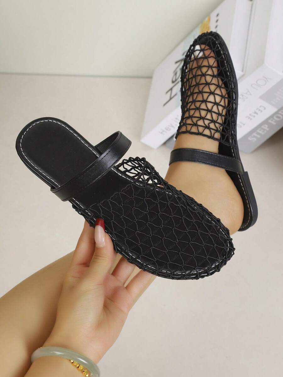 2026 Summer New Korean Style Hollow Fishnet Mule Slippers, Flat Breathable Open-Toe Strap Backless Sandals - Black - View 1