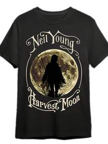 Camiseta gráfica de la portada del álbum Harvest Moon de Neil joven para hombres - Camiseta de música vintage con impresión de luna llena y silueta, estilo rústico de rock, de manga corta y cuello redondo, lavable a máquina, camisa casual para hombres y adolescentes, verano, parte superior, camiseta, cárdigan, parte superior de verano, ajuste estándar, para usar en todas las estaciones - Negro - Ver 1
