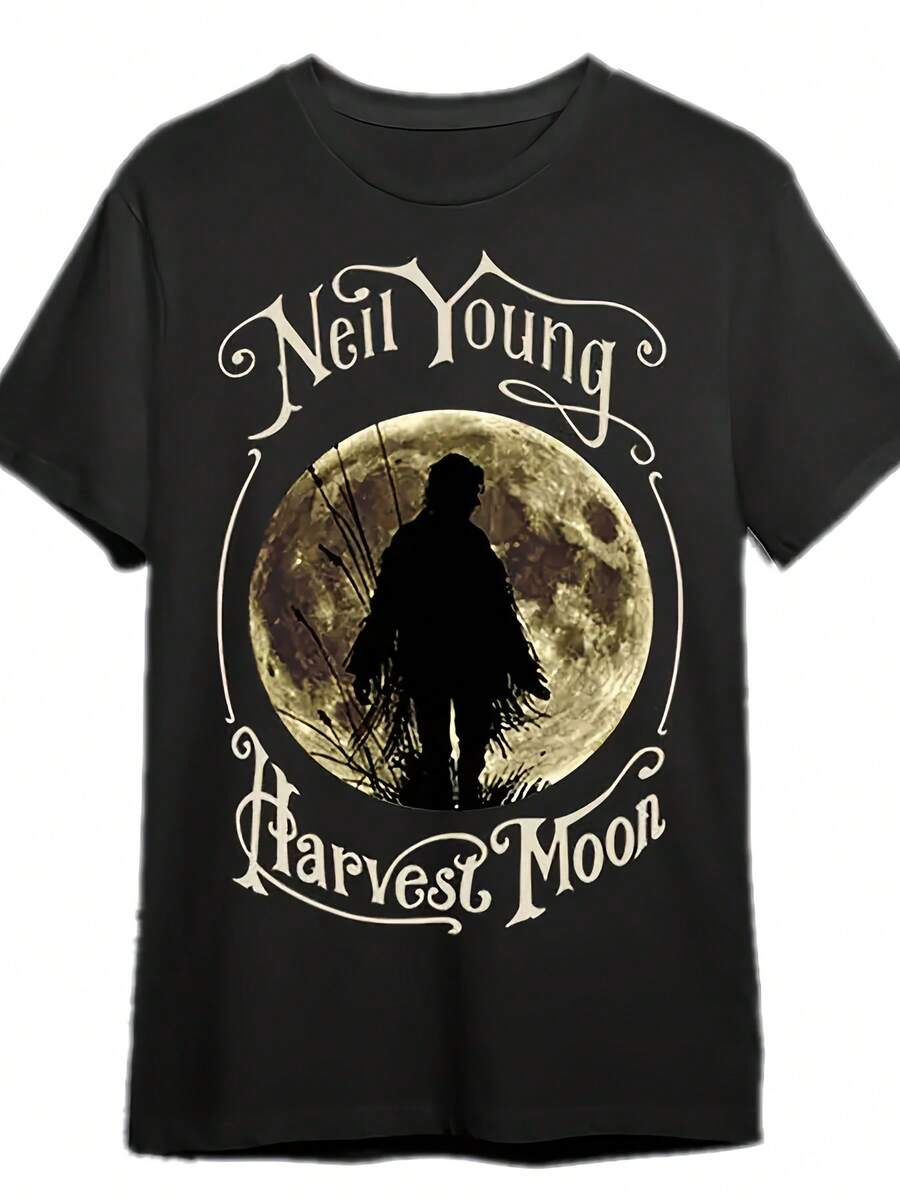 Camiseta gráfica de la portada del álbum Harvest Moon de Neil joven para hombres - Camiseta de música vintage con impresión de luna llena y silueta, estilo rústico de rock, de manga corta y cuello redondo, lavable a máquina, camisa casual para hombres y adolescentes, verano, parte superior, camiseta, cárdigan, parte superior de verano, ajuste estándar, para usar en todas las estaciones - Negro - Ver 1