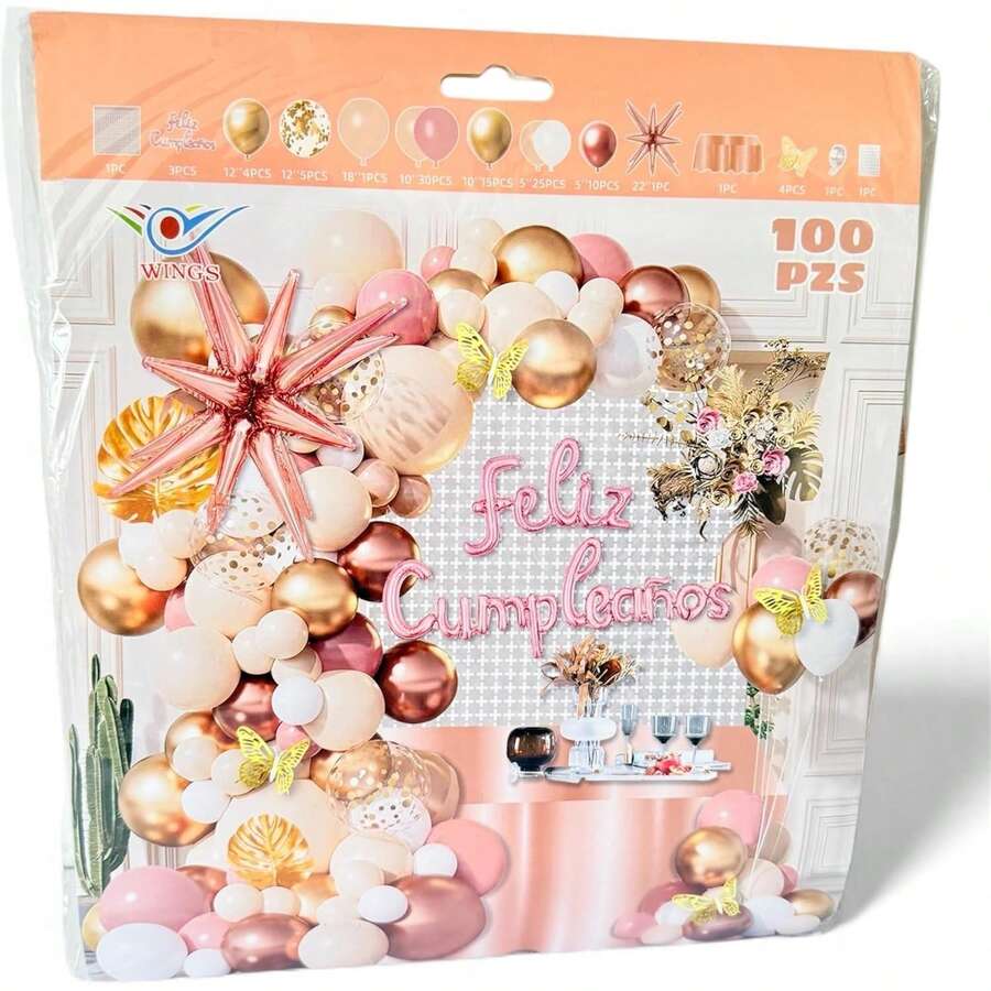 SET Globos de Cumpleaños Oro Rosa (100 pz), Combinación de Globos, cortina , letrero feliz cumpleaños y Decoración para Pared o Fondo de Fiesta, Set Perfecto para Cumpleaños, (ORO ROSA) - Oro rosa - Ver 1