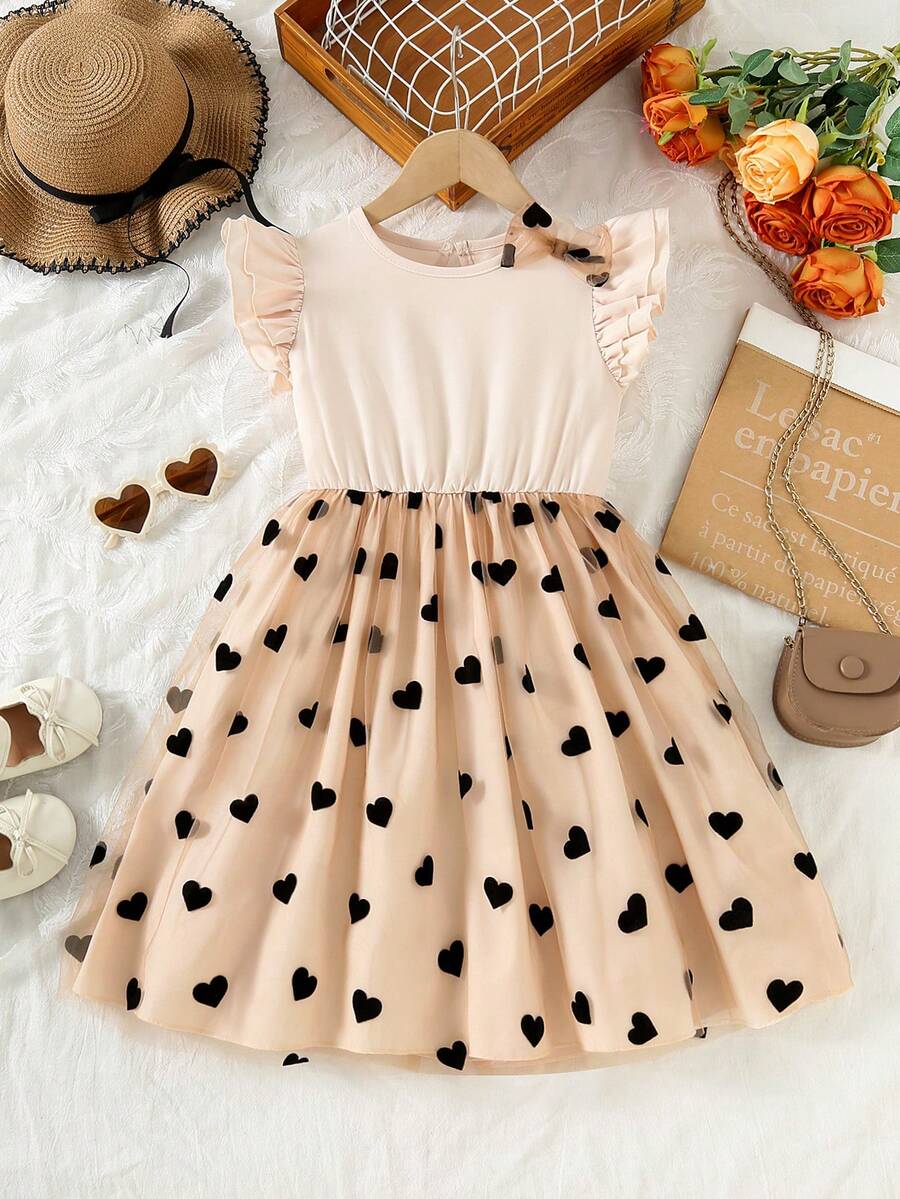 Đầm lưới tay ngắn kiểu Pháp họa tiết trái tim cho bé gái 4-7 tuổi, thiết kế ngày Valentine, chân váy voan in hình trái tim màu đen ngọt ngào, phù hợp cho bé gái. - Màu be - Xem 1