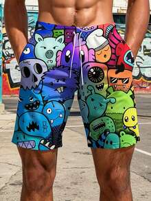 Plus Size Men's Hawaiian Cartoon Graphic Print Drawstring Waist Beach Shorts, Suitable For Summer Vacation & Casual Wear - Multicolor - View 6