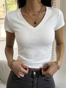 Áo thun nữ cổ chữ V thời trang thường ngày, áo crop top tay ngắn dáng ôm phong cách retro thập niên 90, áo crop top mùa hè cho nữ, màu trắng ôm dáng. - trắng - Xem 5