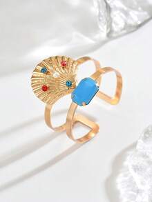 1 Pc Boho Summer Beach Golden Seashell & Red Blue Rrhinestone Open Cuff Woman's Bracelet With Faux Pearl ,Vintage Holday Jewelry Wearing Gifts For Daily Dating Party - Blue and Red - View 3