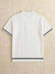 Men's Spring/Summer High Collar Short Sleeve Ribbed Knit Contrast Stripe Slim Fit Retro Gentleman Style Casual Refined Knit Top, Designer Men Knit Shirt - Champagne - View 4