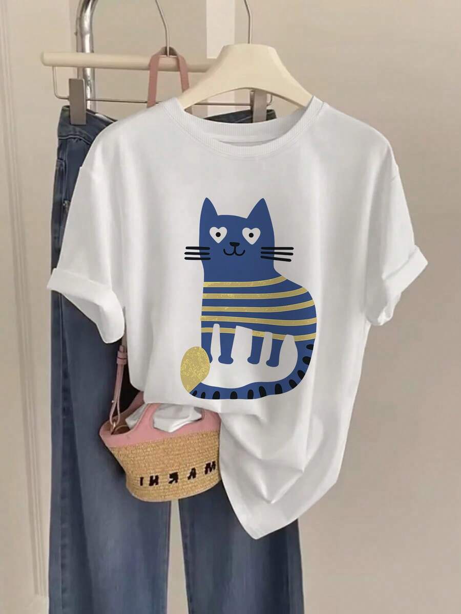 Damtoppar 2026 T-shirt med grafiskt tryck, kortärmad, avslappnad topp med rund hals för sommar och vår, sommaroutfit för kvinnor - [Vit] - Visa 1