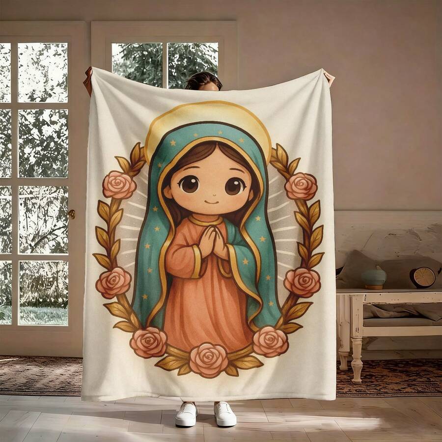 1PC Q-Style Anime Virgin Mary Cute Religious Flannel Throw Blanket 50"X60" (Multiple Sizes) - Warm Sky Background With Crown, Halo & Praying Hands, Tapestry Wall Hanging, Spiritual Gift, Room Decor, Perfect For Sofa, Bed, Office,Perfect Gift For Anime Fans, Catholics, And Outdoor Activities - Machine Washable Cozy Blanket With Vibrant Anime-Style Print, Ideal For Picnics, Hiking, And Couch Use -280gsm - multicolour 17 - 查看 1