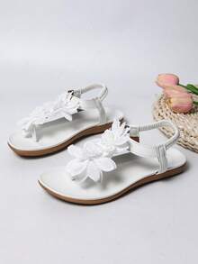 Sandal Wanita Elegan dengan Motif Bunga, Ujung Terbuka, Gaya Dongeng Musim Panas, Sandal Liburan - Putih - View 8