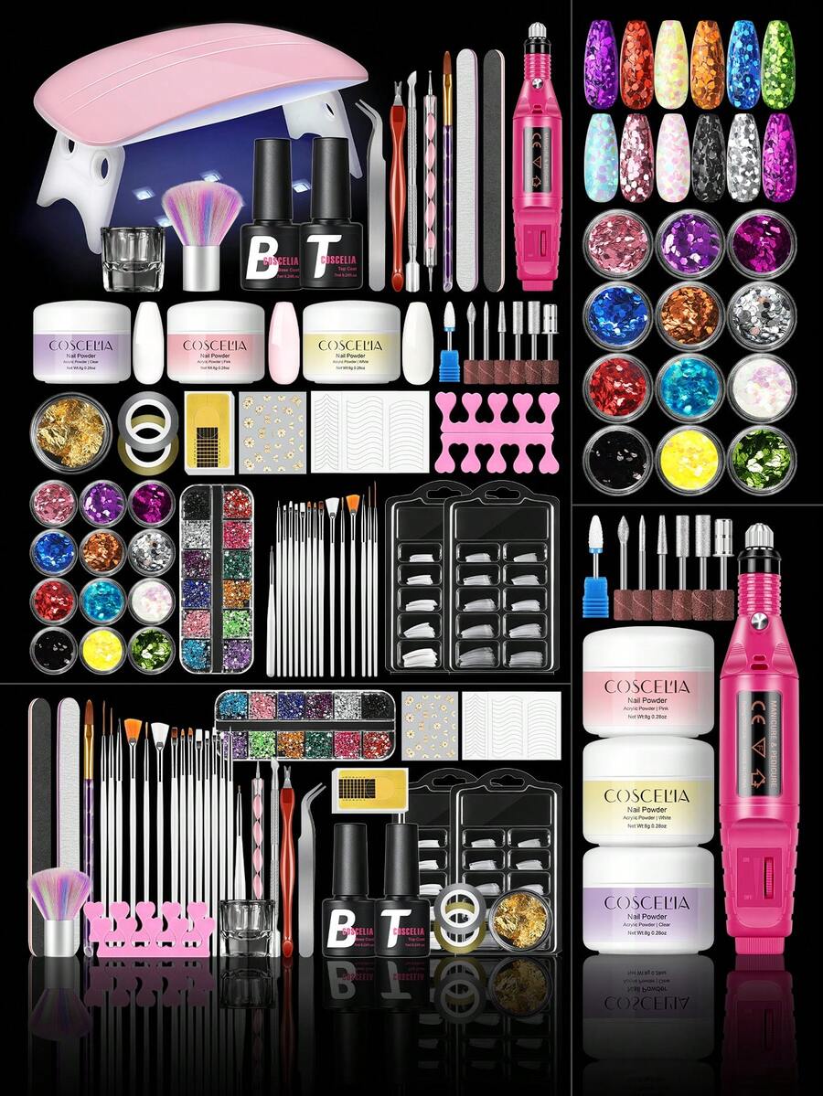 COSCELIA Complete Acrylic Nail Kit With UV Lamp & Nail Drill For Salon & Home DIY Manicure Nail Art Kit With Acrylic Powder