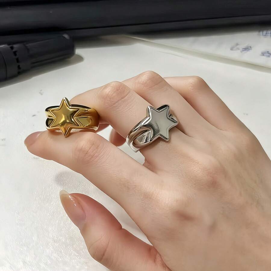 1 chiếc nhẫn kiểu Pháp tối giản hình lục giác ngôi sao, chất liệu thép không gỉ mạ vàng 18K, bền, chống nước, không gây dị ứng, phù hợp cho đeo hàng ngày, công sở và dự tiệc. - Nhẫn nữ hình lục giác trơn nhẵn - Xem 1