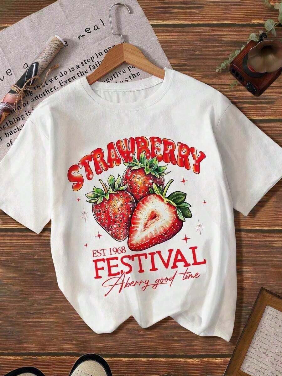 Summer Fruit Graphic T-Shirt Strawberry T-Shirt Women's T-Shirt With Happy Time Letter Print Women's Strawberry Graphic T-Shirt - 白色 - 查看 1