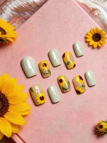 10pcs Bright Cheerful Summer Nails, Short Square Fake Nails, Featuring Hand-Painted Sunflower Prints & Pastel Green Base, Cute Floral Nail Art Tips For Women, Perfect For Girls And Women With Free Gel Sticker Nail File - 黃色 - 查看 1