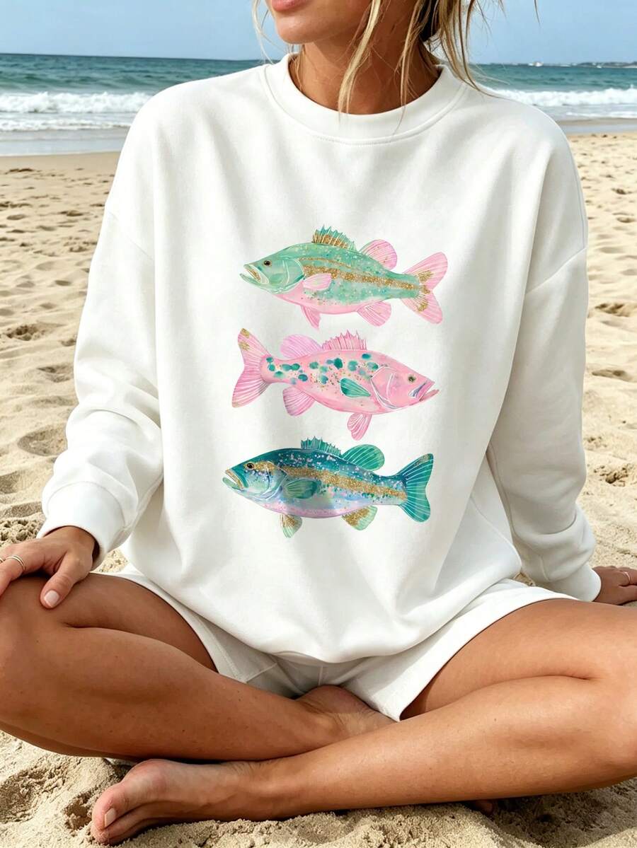 Preppy Fish Graphic Sweatshirts For Women,Casual Long Sleeve Tops Crew Neck Cute Graphic ,Aesthetic Beach Sweatshirts,Ocean - trắng - Xem 1