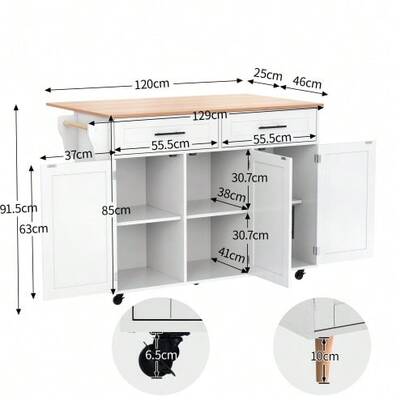 129x46 (71) X91.5 Cm Dining Table/Cabinet Trolley With Folding Top, Shelves Inside The Cabinet Door, Five-Wheeled Kitchen Island Counter With Storage Compartment And Two Drawers For Dining Room, White