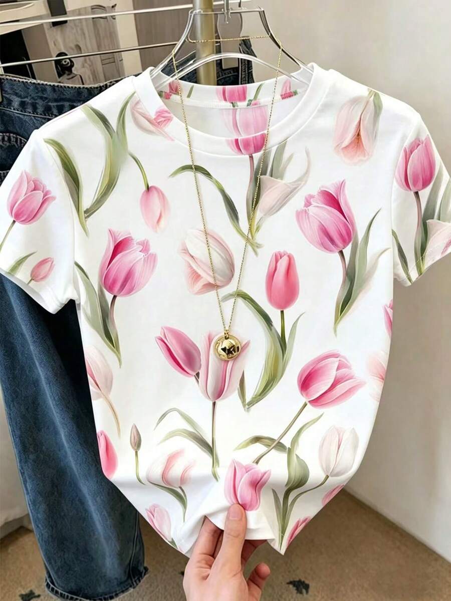 女士新款夏季圆领白色郁金香印花休闲T恤，宽松短袖，休闲、度假、日常穿着 - 白色 - 查看 1