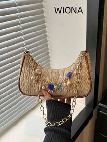2026 New Fashionable Summer Straw Shoulder Underarm Bag With Chain - Khaki - View 1
