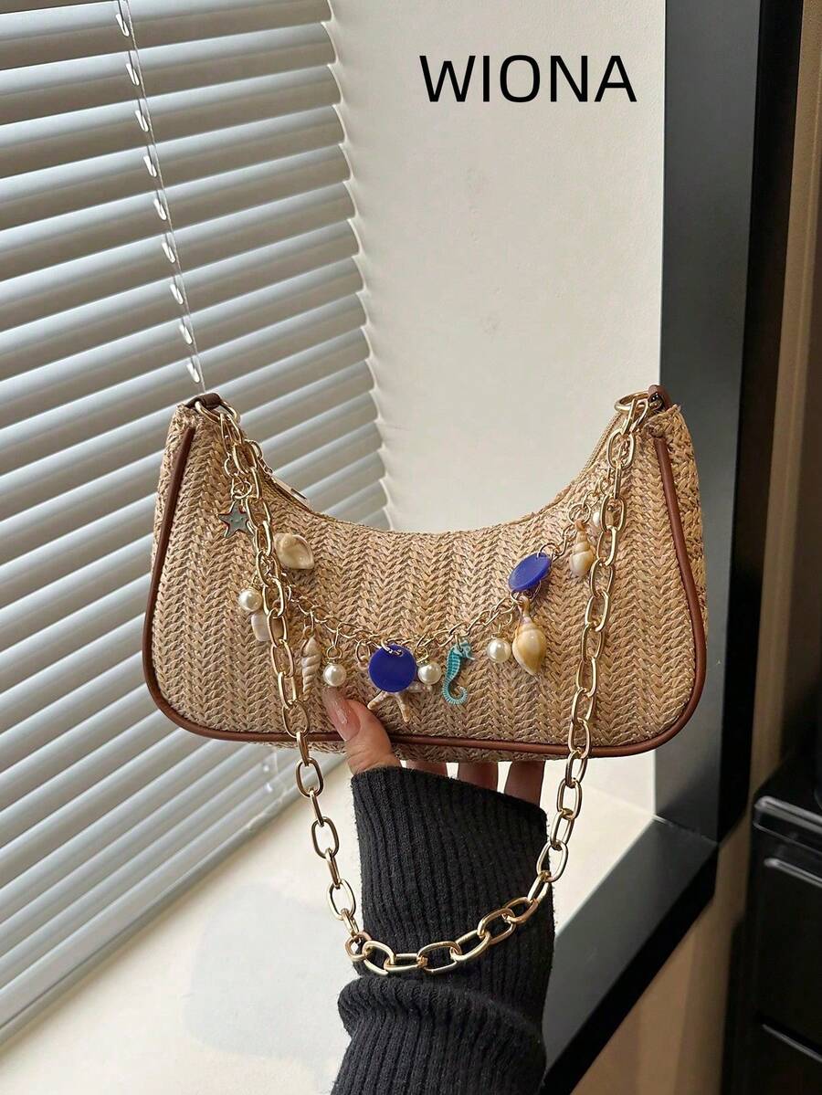 2026 New Fashionable Summer Straw Shoulder Underarm Bag With Chain - Khaki - View 1