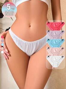 5pcs Set Women's Solid Satin Panties With Bow Detail, Comfortable Glossy Silk-Like Briefs Underwear Set - Multicolor - View 3