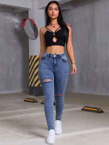 Pantalones de Mezclilla Ajustados con Elasticidad de Cintura Media con Roturas en las Rodillas para Mujer, Pantalones que Levantan las Nalgas - Niebla azul - Ver 8