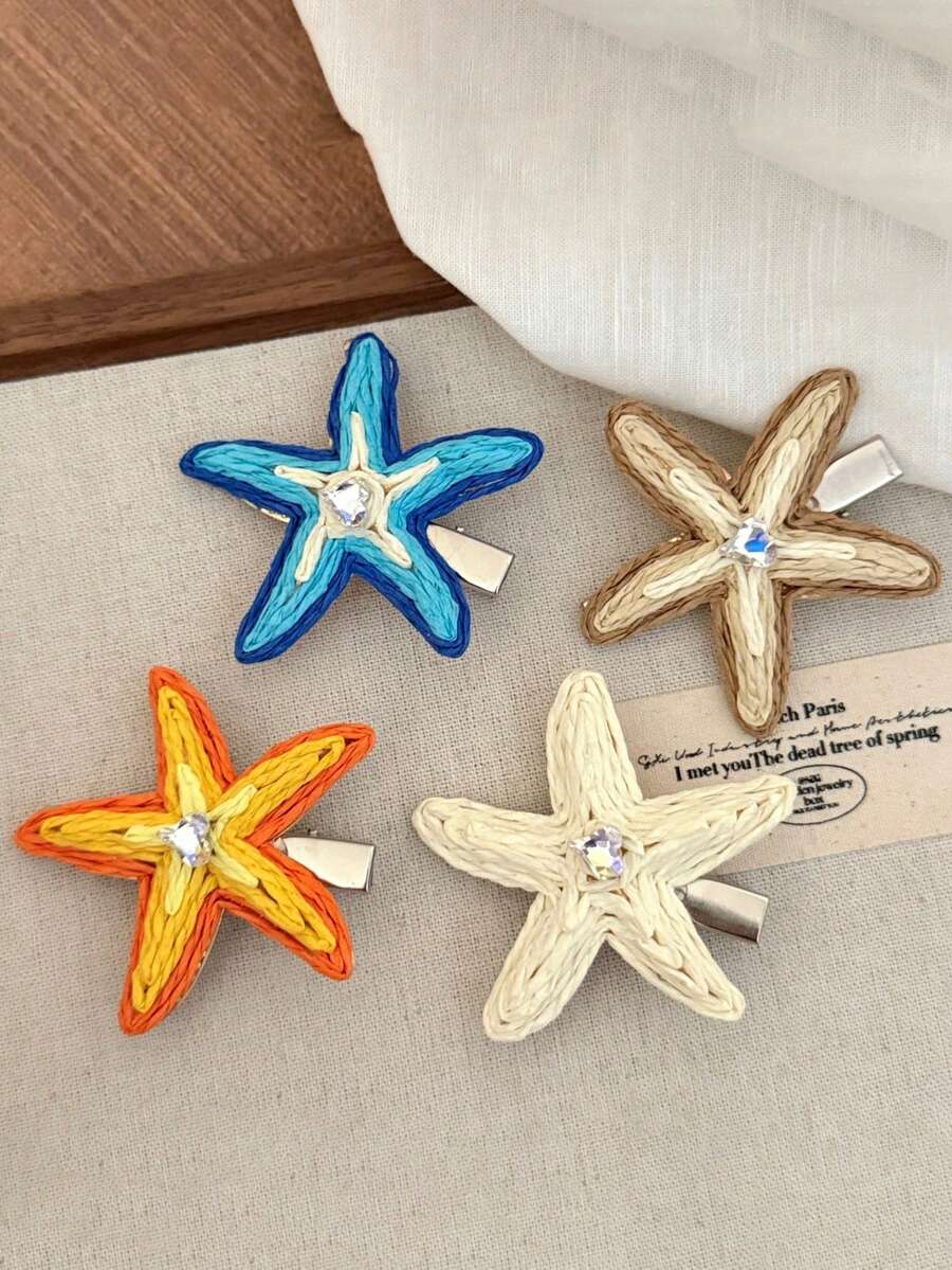 1个休闲可爱多巴胺编织海星发夹,沙滩度假配饰(无卡片) - 彩色 - 查看 1