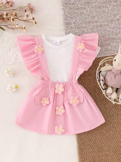 2pcs Baby Girls Cute Sweet Simple White Short Sleeve T-Shirt + Pink Suspender Skirt Outfit, Lightweight Summer