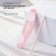 美甲工具套装，包括木棒、指甲锉、修型抛光砂块、双面半月形和菱形抛光块 - 粉色 - 查看 1
