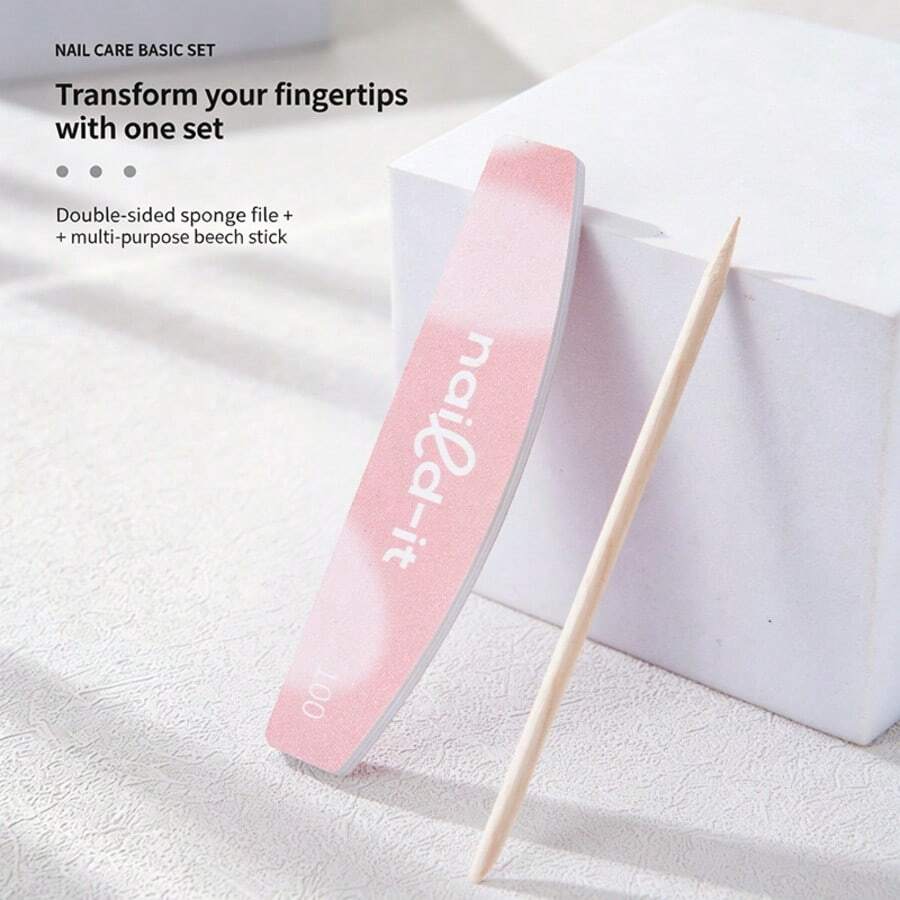 美甲工具套装，包括木棒、指甲锉、修型抛光砂块、双面半月形和菱形抛光块 - 粉色 - 查看 1
