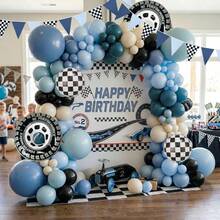 129pcs Blue Racing Car Theme Balloon Arch Set, Including Gray-Blue, Peacock Blue And Black Balloon Garlands, As Well As Plaid Balloons And Racing Flag, Suitable For Birthday Party, Gender Reveal Party, Baby Shower And Racing Theme Decoration - View 1